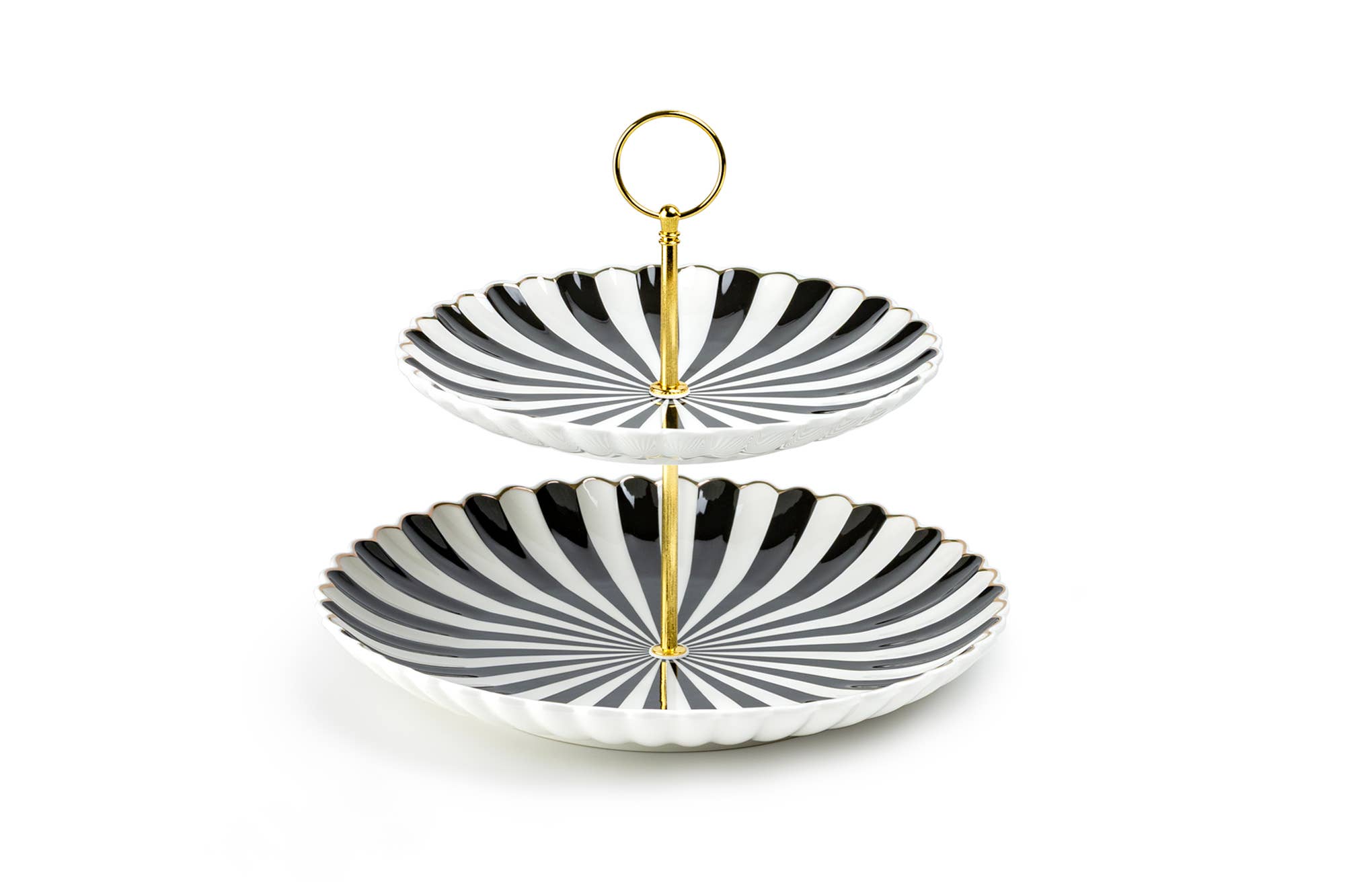 Grace Teaware - Wholesale Serving Tray - Black White Scallop Fine Porcelain 2-Tier Server1