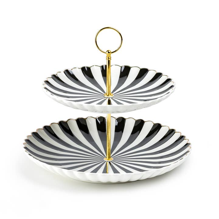 Grace Teaware - Wholesale Serving Tray - Black White Scallop Fine Porcelain 2-Tier Server1