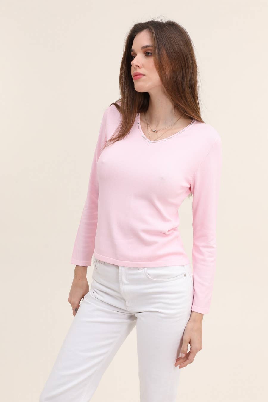 CHOKLATE PARIS - Vente Haut en maille – femme - Maille col V détails perles au col - 213714