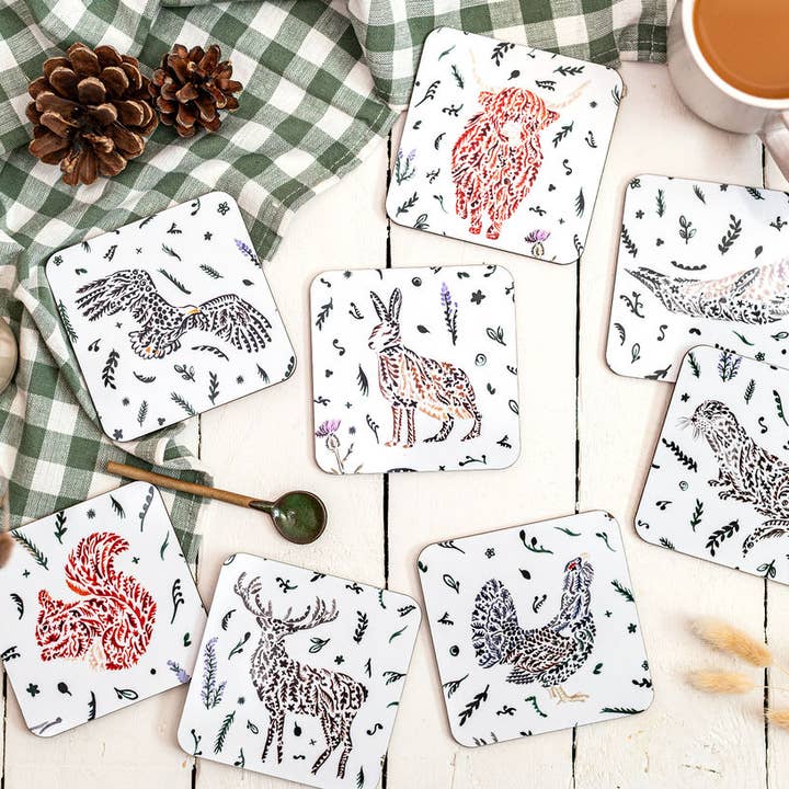 Ensemble de sous-verres Faune écossaise pour la vente par Sarah Leask Studio