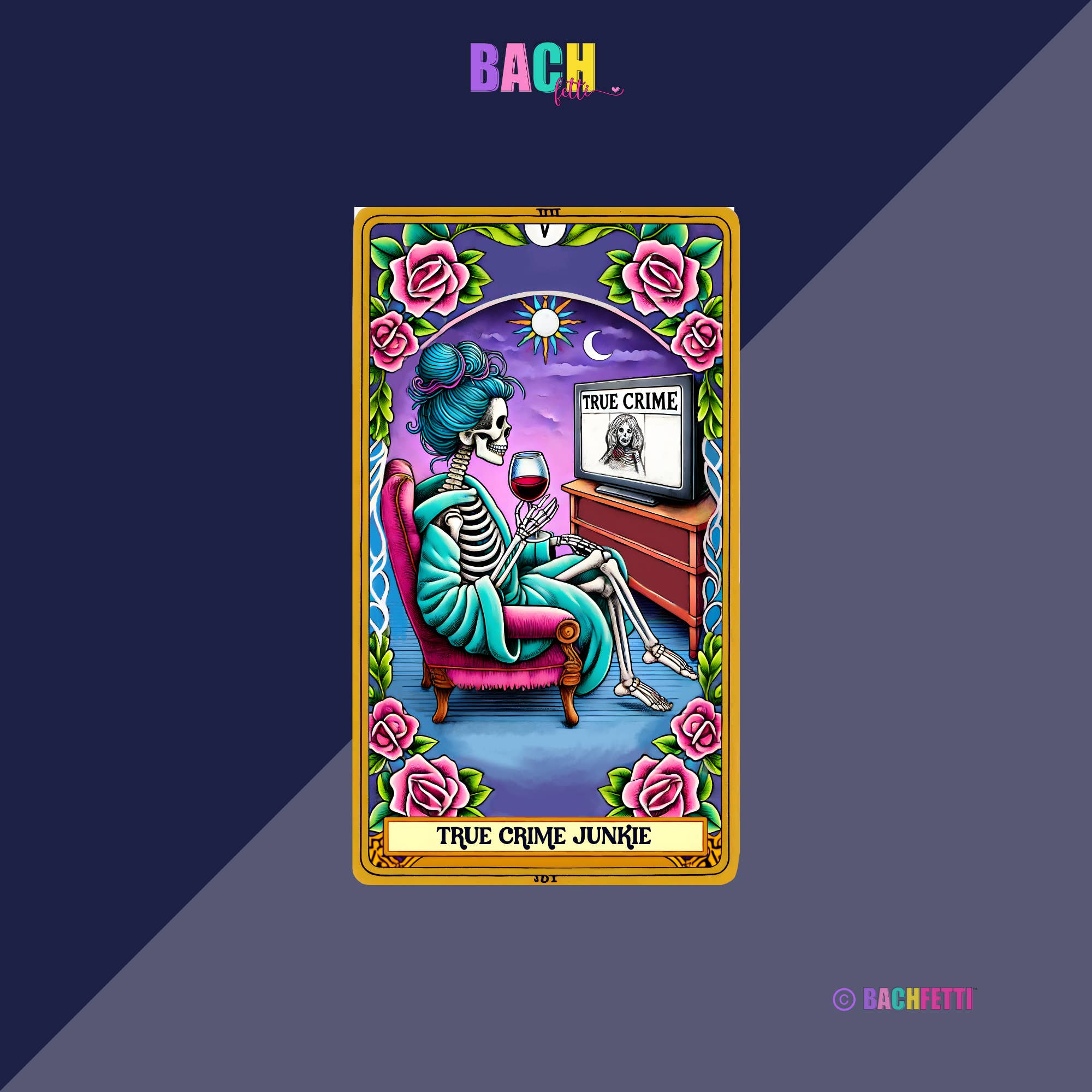 BachFetti - Wholesale Sticker - True Crime Junkie Tarot Sticker – 4" Glossy or Holographic