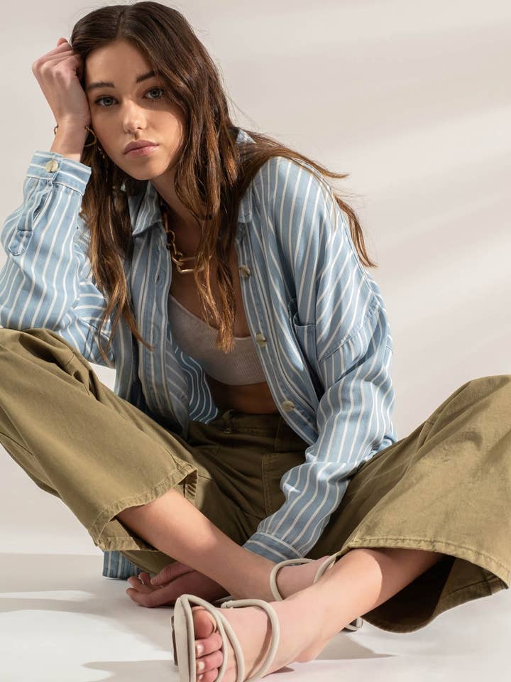 CHAMBRAY MULTI STRIPED BUTTON DOWN SHACKET for wholesale on Faire3