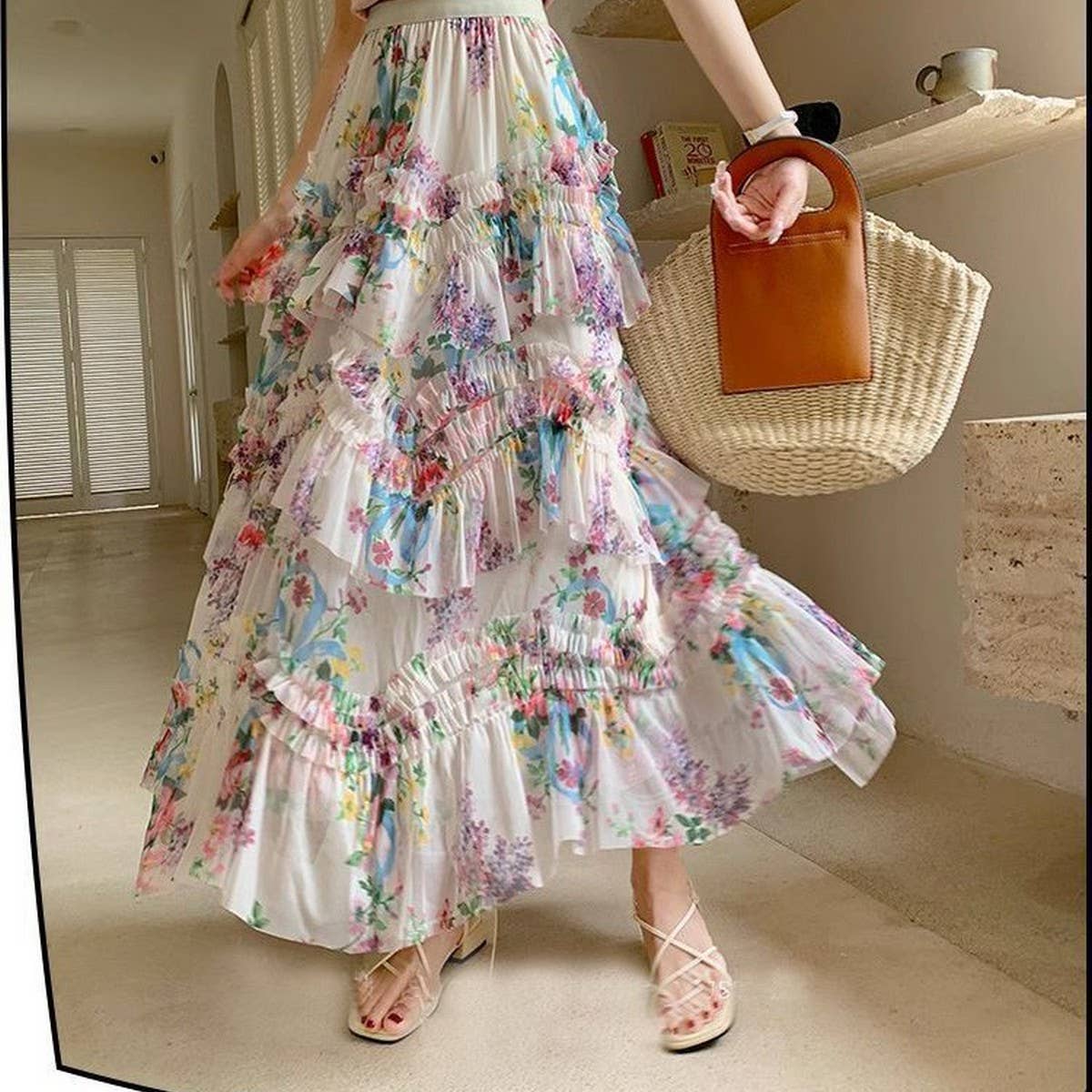 ACCITY - Wholesale Skirt - Women's - COLORFUL FLORAL MESH PRINT PLEATED TULLE SKIRT_CWBLS039926