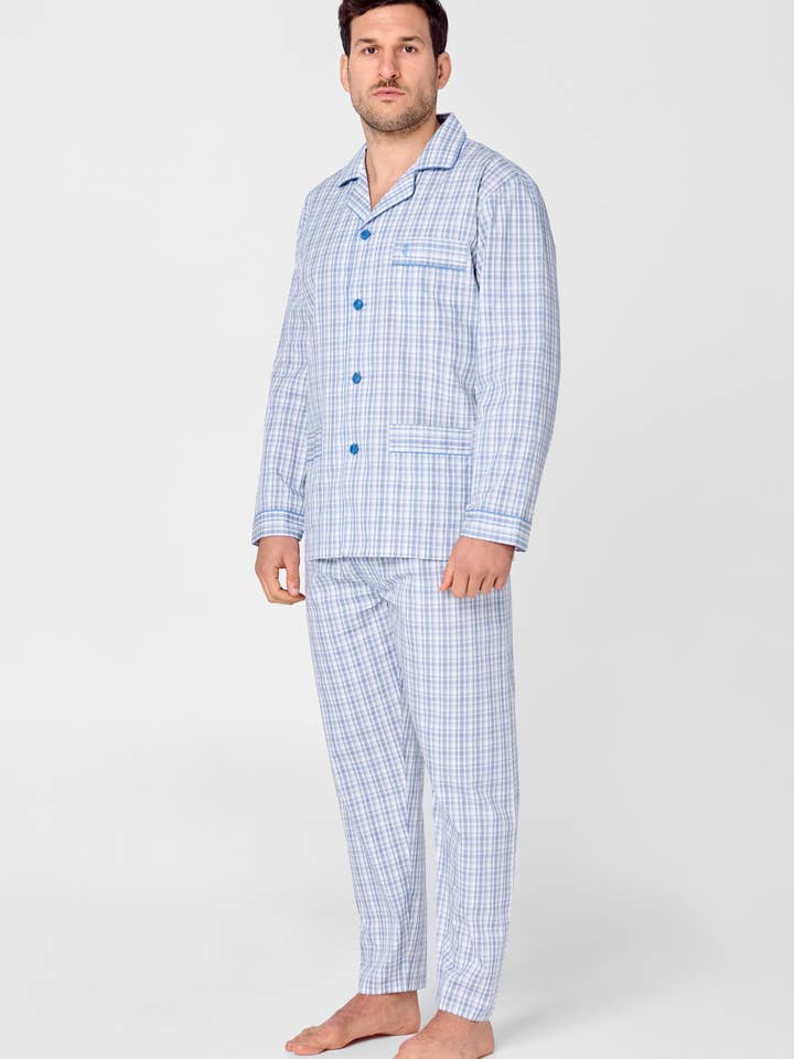 Men's Checkered Poplin Lapel Long Pajamas - Blue 2982 for wholesale on Faire1