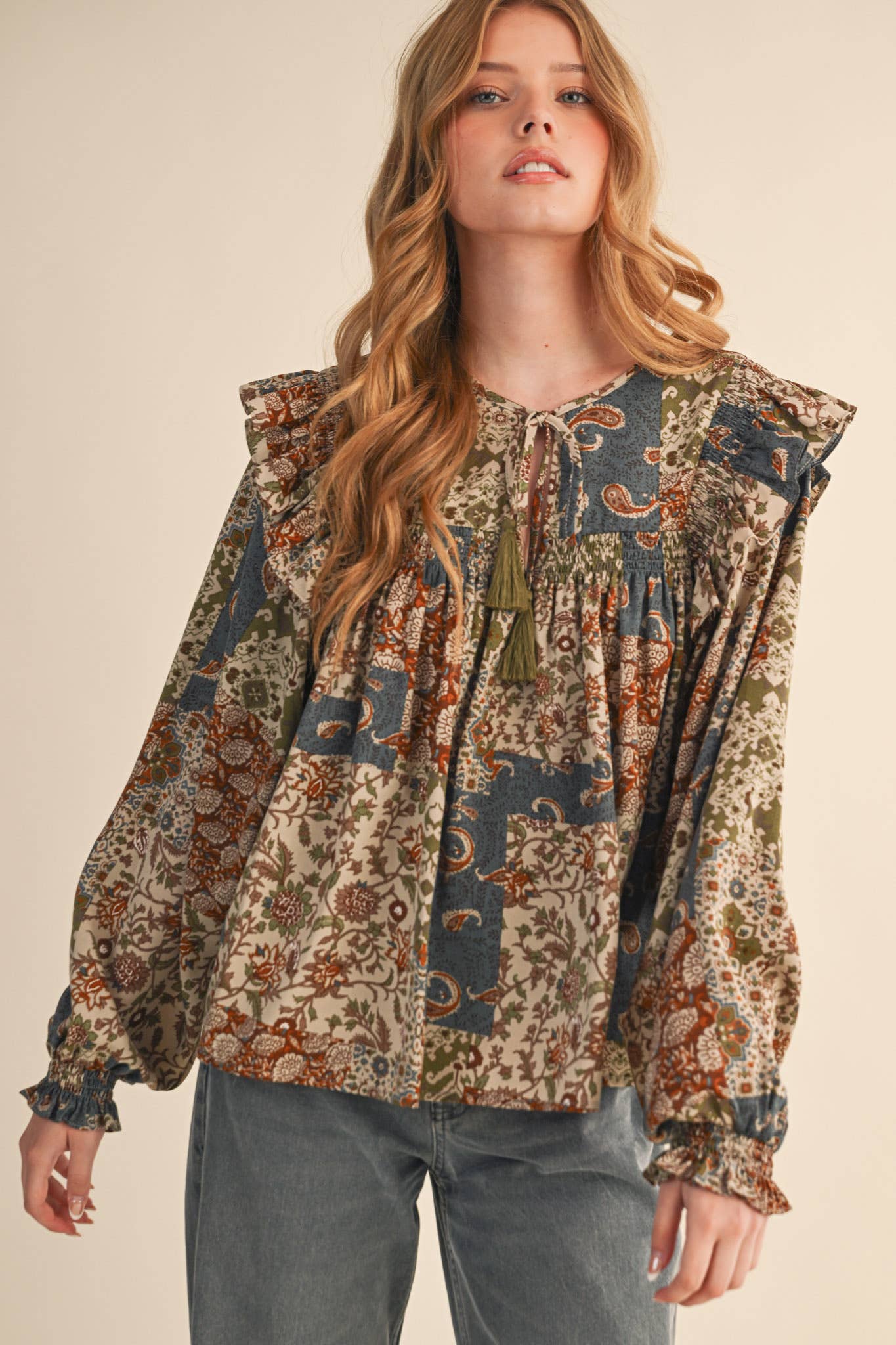 &MERCI - Wholesale Blouse - Women's - PATCHWORK PRINT SMOCKED RUFFLE BLOUSE MTP435021