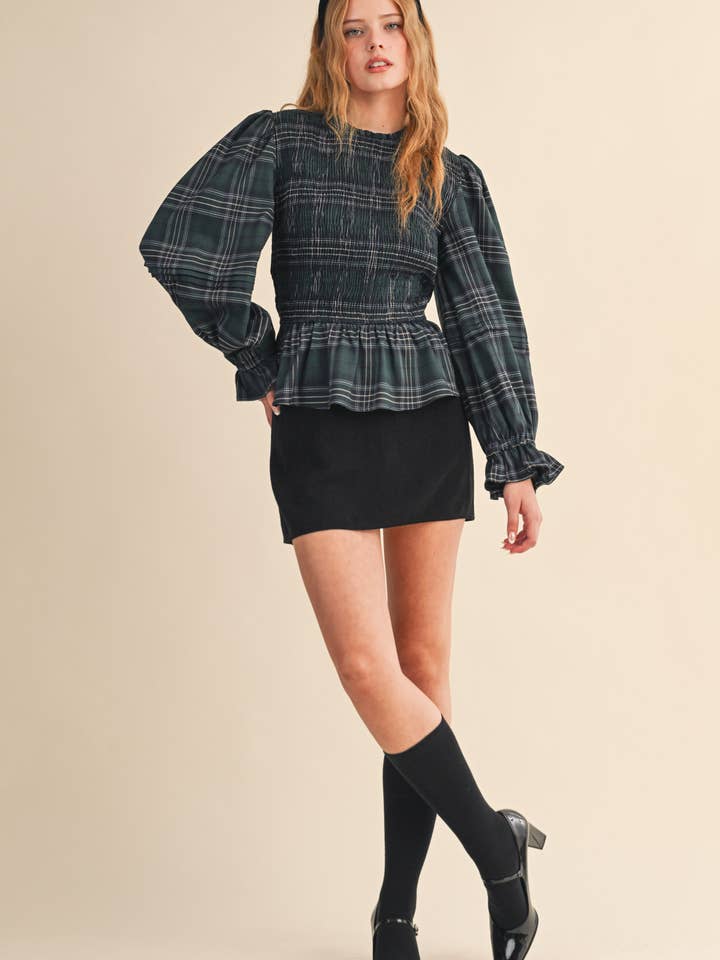 SMOCKED PLAID PUFF SLEEVE PEPLUM TOP MTP4192 for wholesale on Faire7