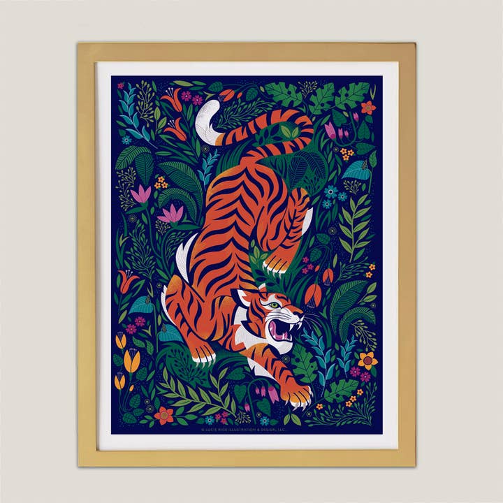 Lucie Rice Illustration and Design - Wholesale Art Print - Bengal Tiger Floral Background Art Print