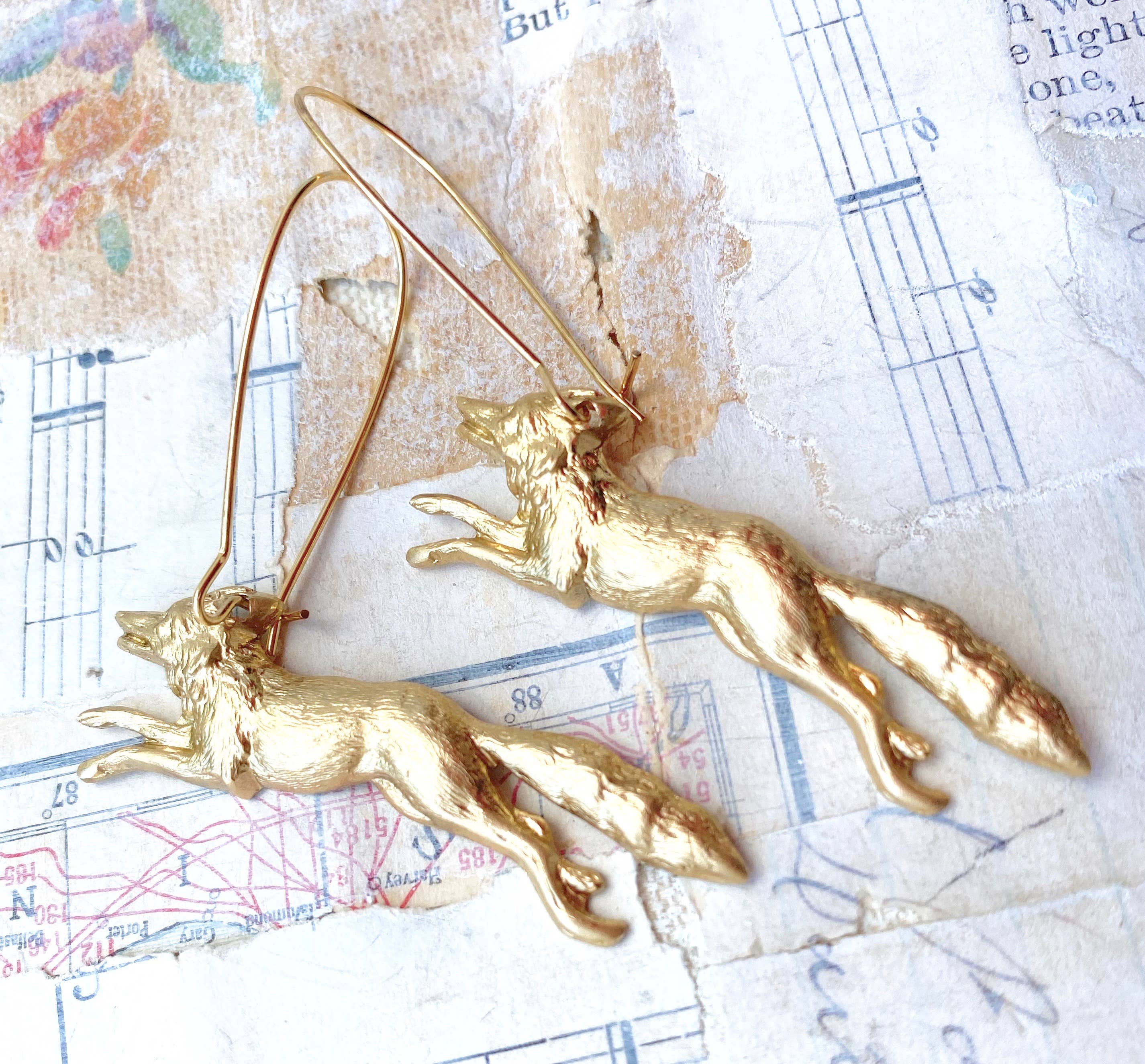 Red Truck Designs - Wholesale Dangle Earrings - Fox Earrings Forest Fox Gold Running Wolf Coyote Werewolf0