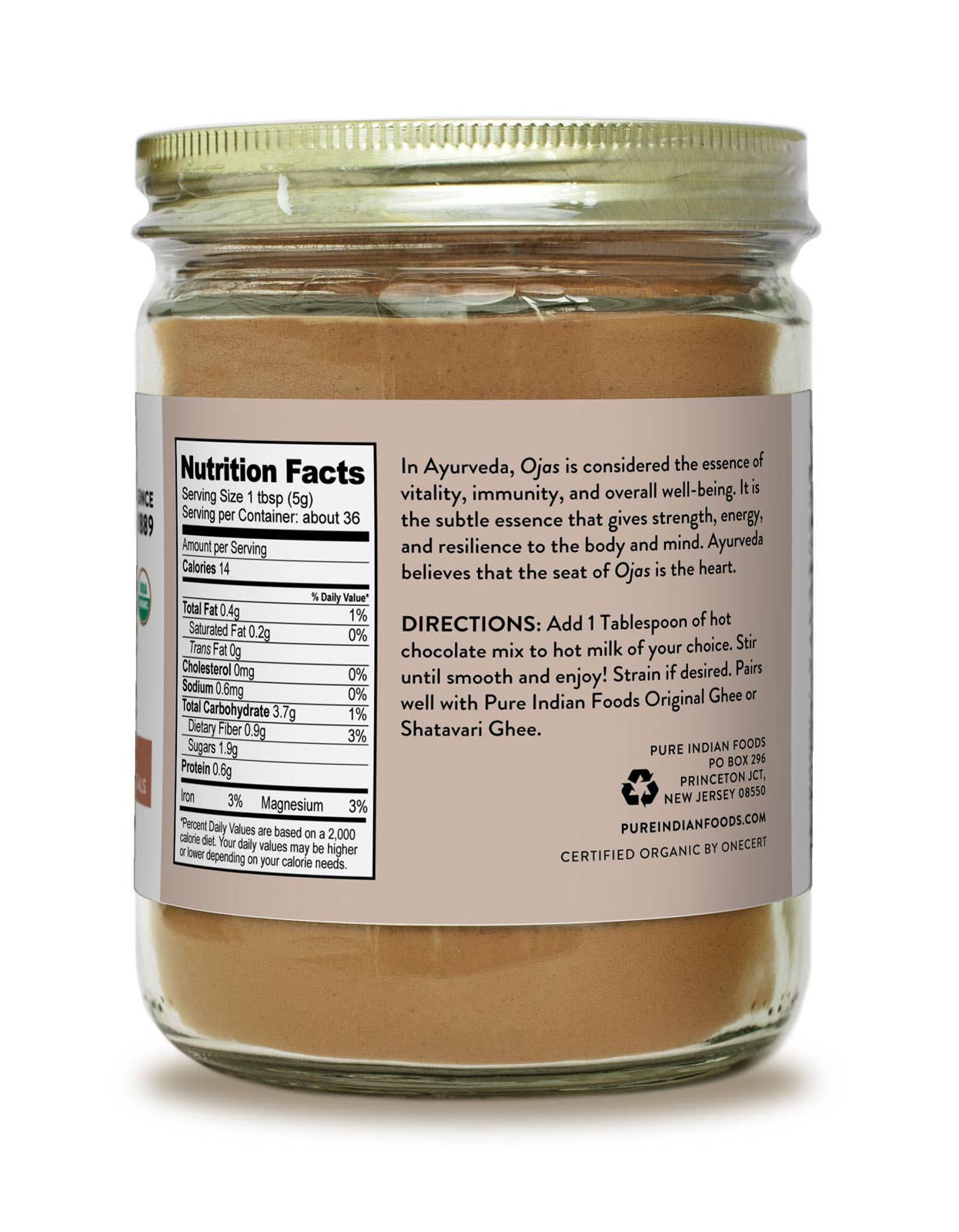 Pure Indian Foods - Vente Préparations/kits pour chocolat chaud - Chocolat chaud Ojas avec cardamome, safran et rose, certifié1