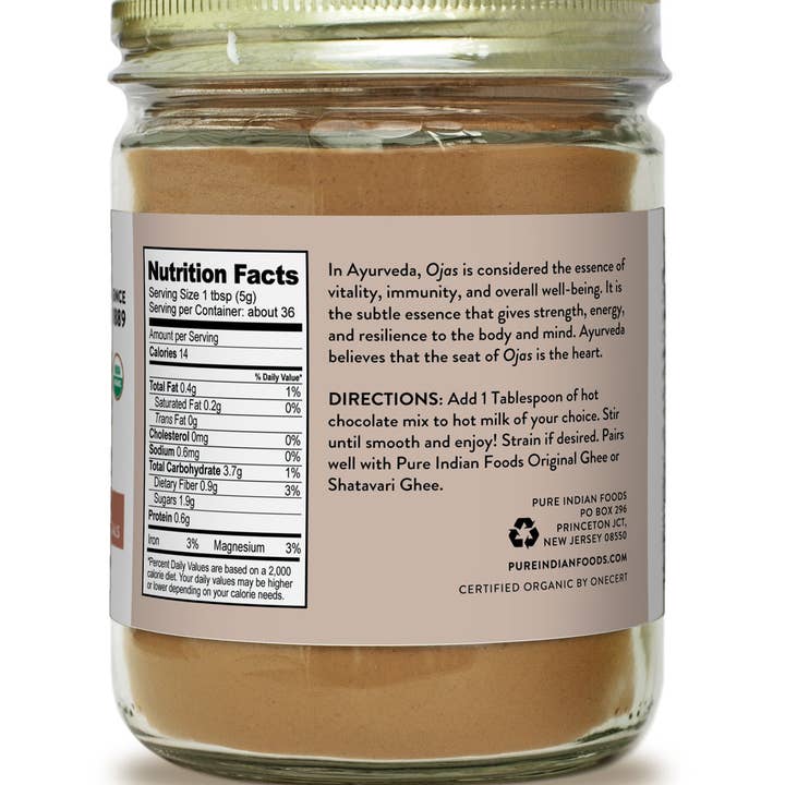 Pure Indian Foods - Vente Préparations/kits pour chocolat chaud - Chocolat chaud Ojas avec cardamome, safran et rose, certifié1