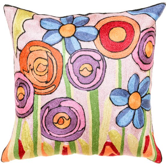 cuscino in lana ricamato a mano con motivo floreale astratto per la vendita all'ingrosso da parte di Cashmere Crafts Inc
