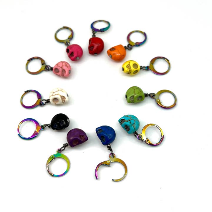 Crochet Stitch Markers - Rainbow Skulls for wholesale by Cozy Craft Coven