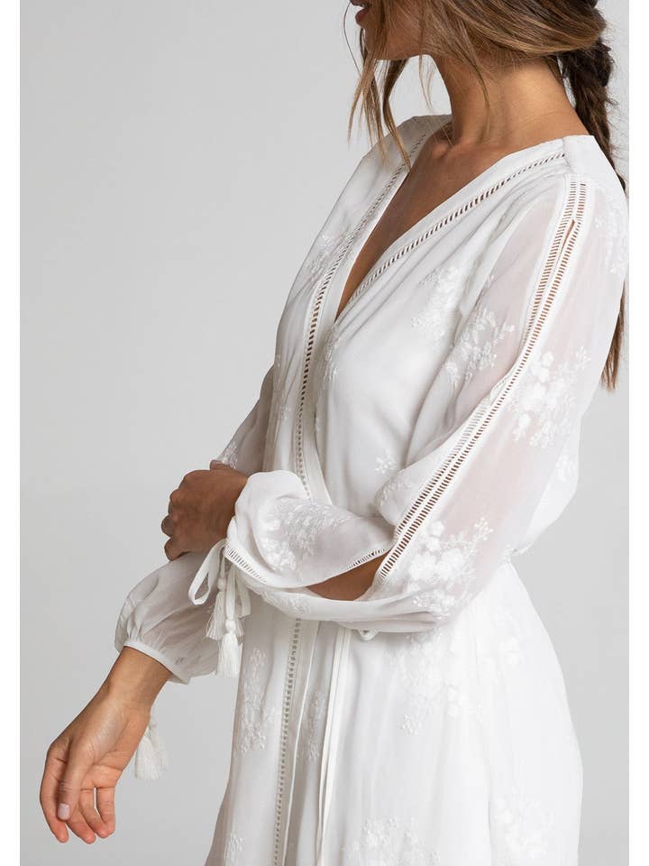 Lovestitch - Wholesale Dress - Women's - Sheer Chiffon Embroidered Long Sleeve Wrap Dress
