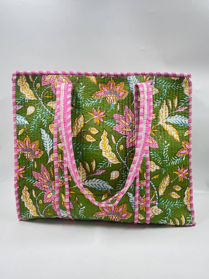 100% Cotton Kantha Quilted Boho Floral Tote Bag (Zip) for wholesale by Funky Yak Ltd