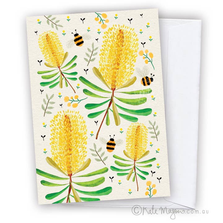 Cartão de saudação australiano Banksia Prata Floral por atacado de Kate Mason Artist