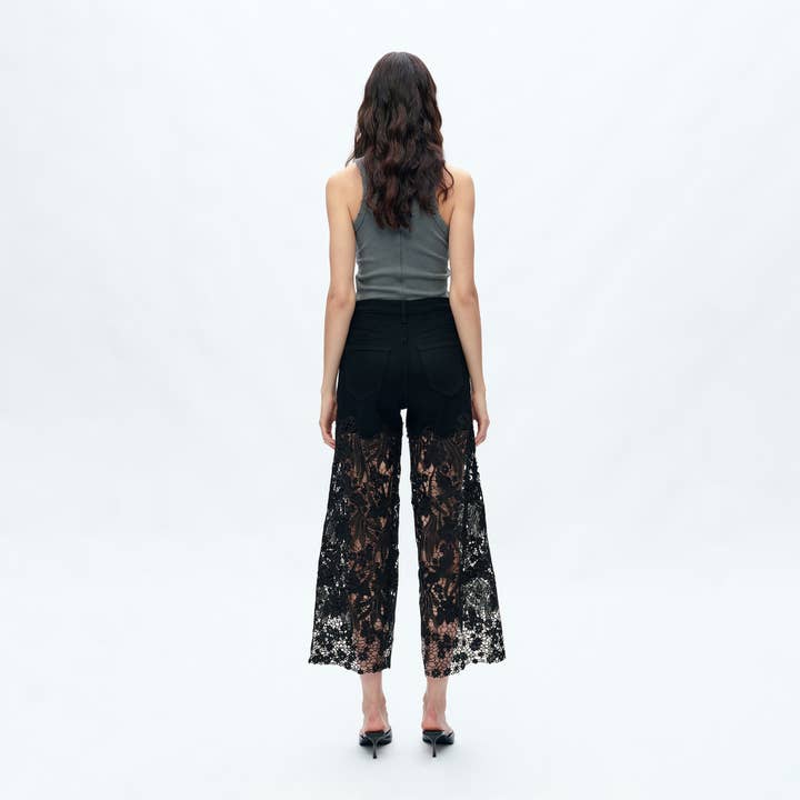 BLACK HIGH RISE WIDE LEG JEANS WITH LACE SPLICED BYW8090 for wholesale on Faire