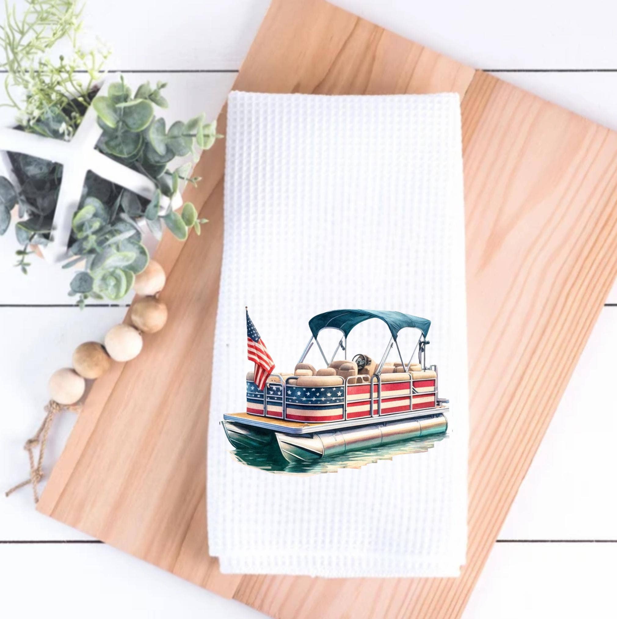Cottage & Club - Wholesale Tea Towel - Preppy Patriotic Tea Towel Set | Red, White & Blue American Decor | 4th of July Decorations  Pontoon Boat Custom Name Kitchen Decor Gift3