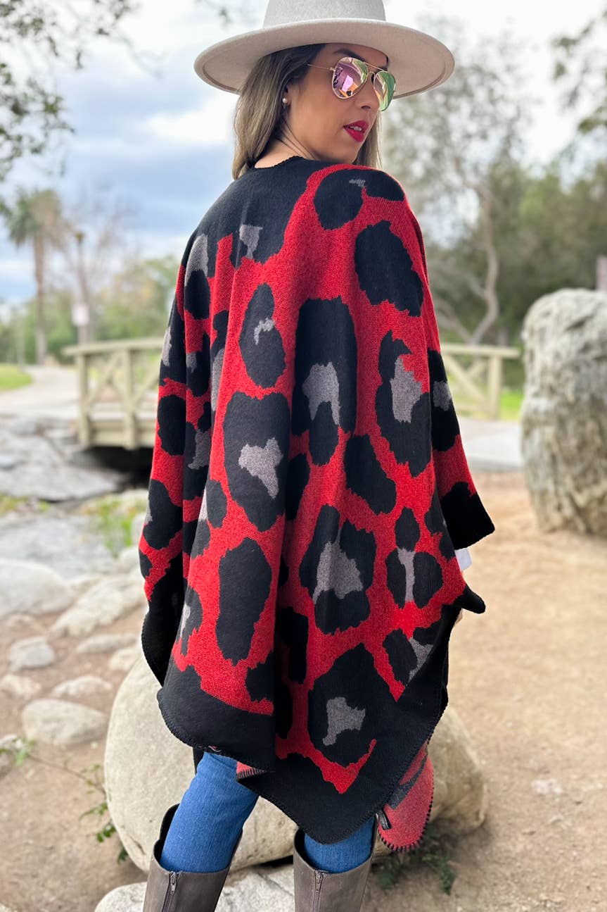 Rood Rood gebreid comfortabel kimono-vest met luipaardprint voor groothandel op Faire7