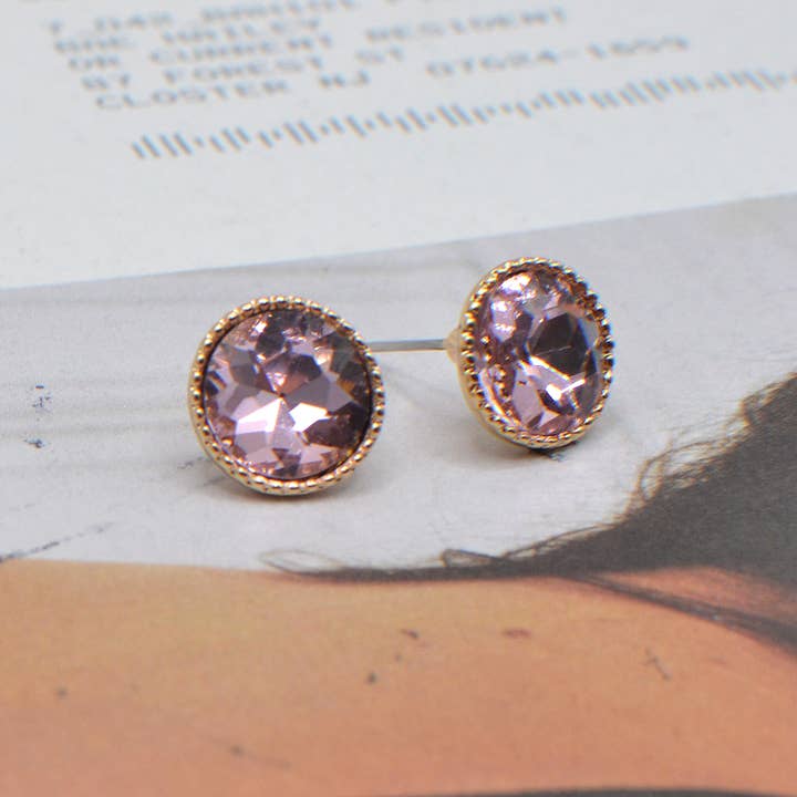 Round Framed Crystal Glass Stone Stud Earrings for wholesale by StarryNYC