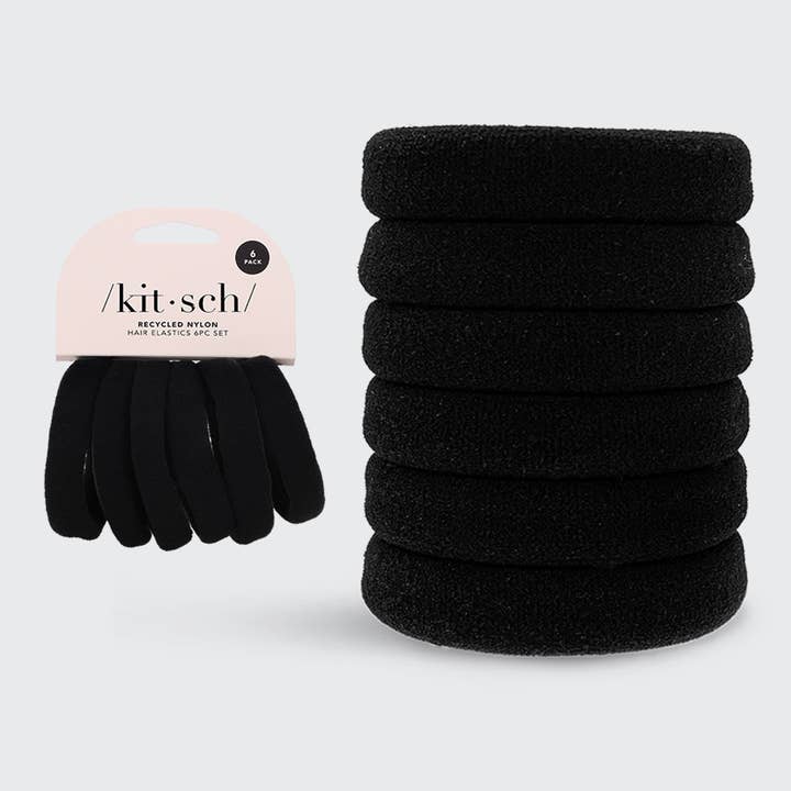 KITSCH - Wholesale Hair Tie - Recycled Nylon Thick Hair Elastics 6pc Set- Black