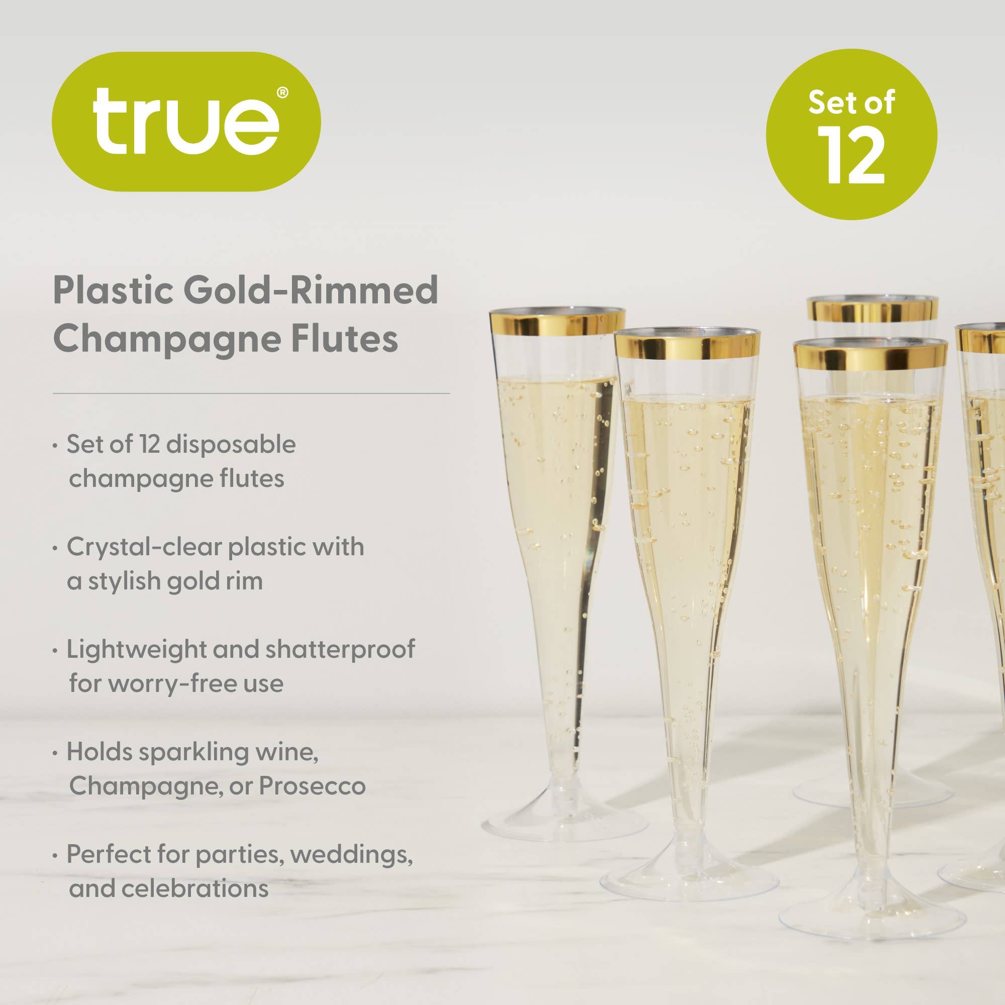 TRUE - Wholesale Champagne Flute - Party Disposable Champagne Flutes Pack of 12 ASST COLORS5