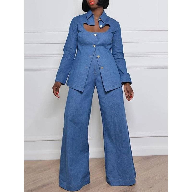 High Waisted Loose Pockets Solid Color Denim Sets for wholesale on Faire2
