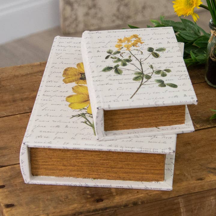 Scatole Libro Annidate con Fiori Gialli (Set di 02) per la vendita all'ingrosso da parte di Audrey's Home & Gift