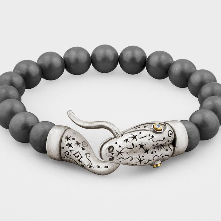 Snake Bracelet with Hematite Beads in Silver, 18K Gold and Diamonds for wholesale by Snake Bones