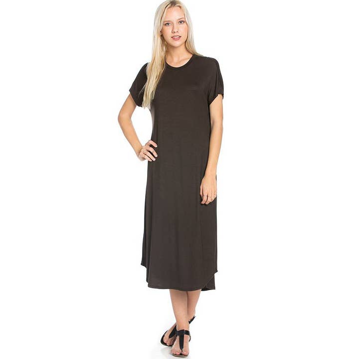 Azules Clothing - Wholesale Dress - Women's - ADM-8252RS Loose fit Crew Neck Hem Midi Dress