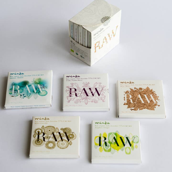 COFFRET CADEAU DE CHOCOLAT CRU - 5 barres - Nature - Quinoa - Fruits dorés - Gingembre - Graines de cacao - Entièrement naturel - Casher pour la vente par Minka Chocolates