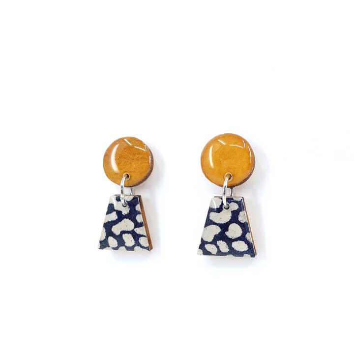 Ochre and Navy geometric titanium small drop earrings for wholesale by autumn + tree