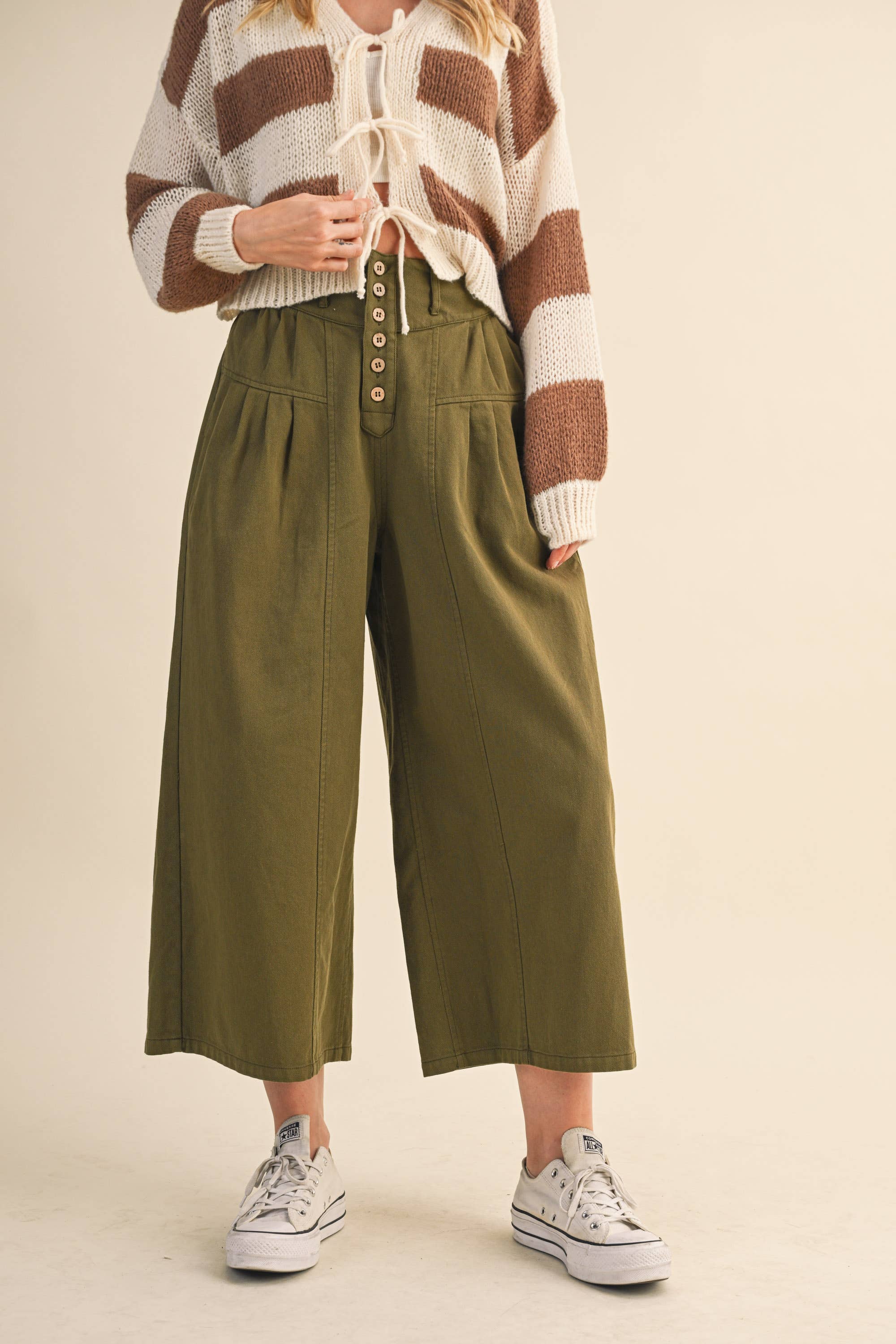 Klesis – wholesale Pants – Women's – IP1419 COTTON TWILL HIGH WAIST CROPPED WIDE LEG PANTS3
