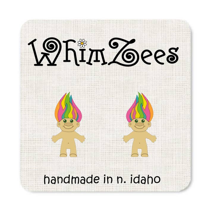 Boucles d'oreilles poupée Troll avec cheveux arc-en-ciel W4 pour la vente par WhimZees