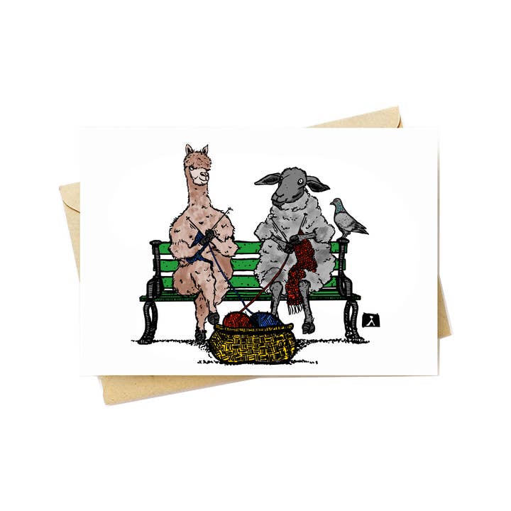 5x7 Cartão de Saudação De Uma Alpaca E Tricotar Ovelha Num Banco por atacado de Bellavance Ink