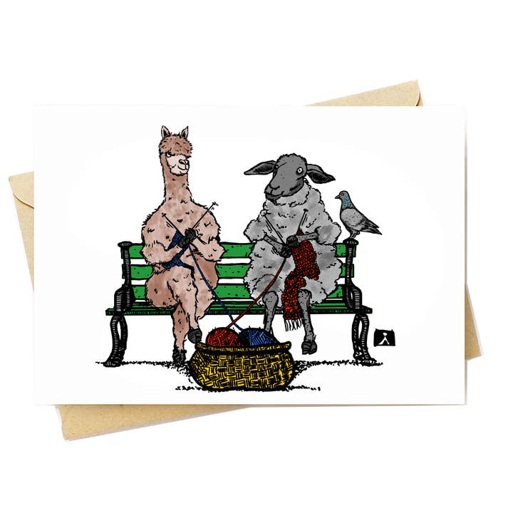 5x7 Greeting Card Of An Alpaca And Sheep Knitting On A Bench for wholesale by Bellavance Ink