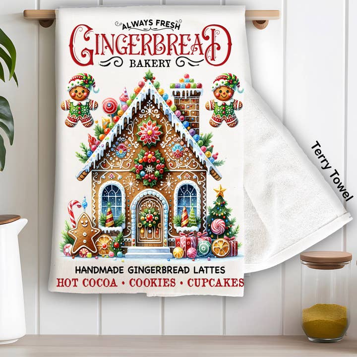 Asciugamano in spugna da cucina Christmas Gingerbread Bakery House per la vendita all'ingrosso da parte di Avery Lane Gifts