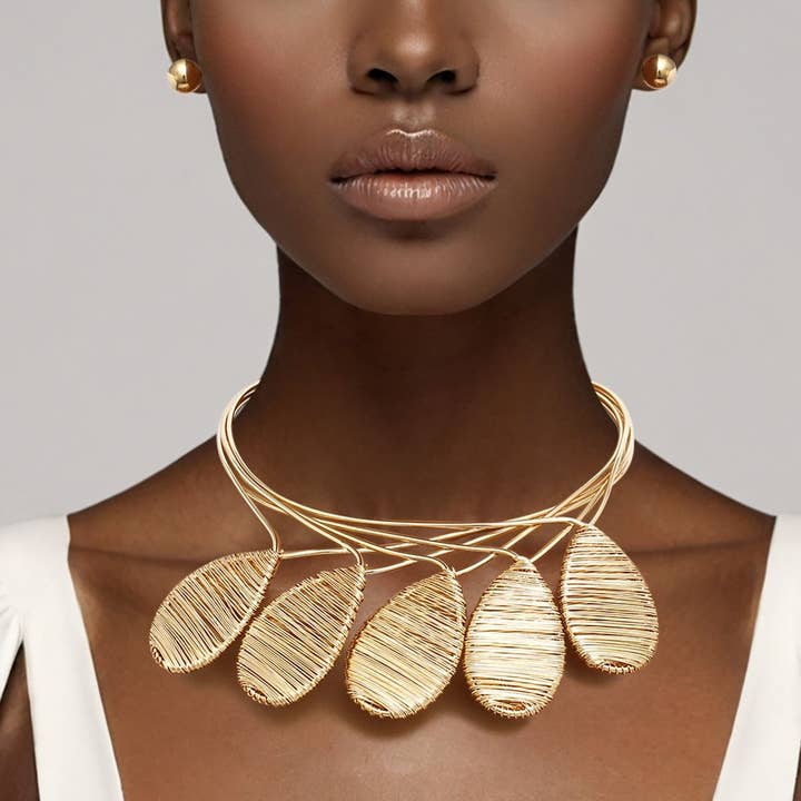 Bib Gold Metal Wire Teardrop Sculpted Necklace for wholesale by PinktownUSA