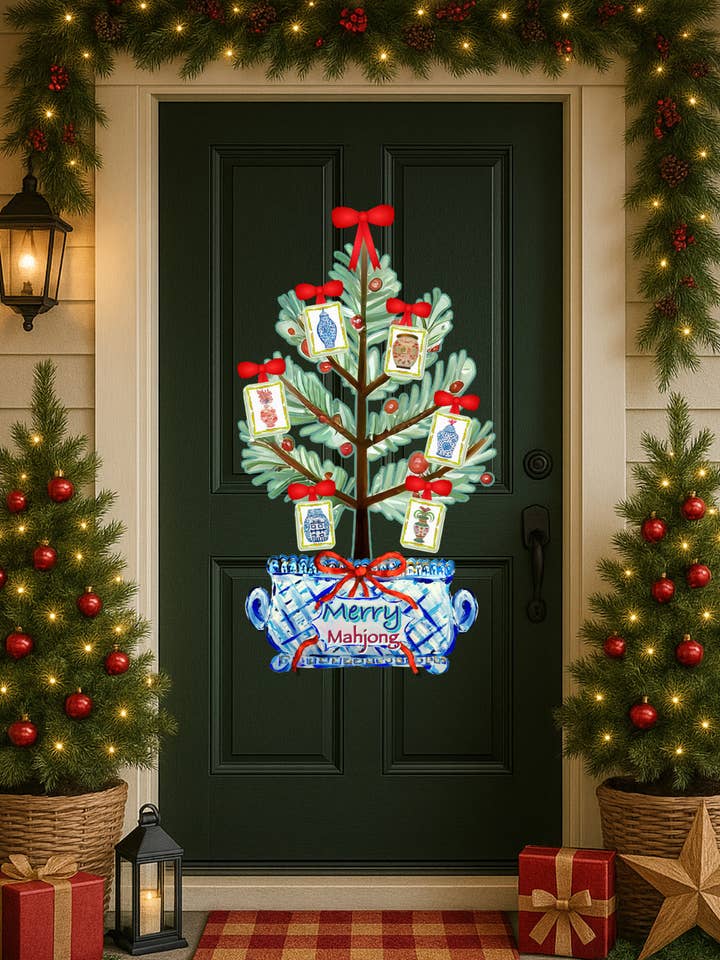 LARGE Designer Merry Mahjong Festive Door Hanger for wholesale by Mid Mod Design LLC
