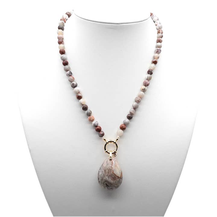Crazy agate bead necklace with steel buoy clasp and 6mm drop pendant for wholesale by Foliesbijoux