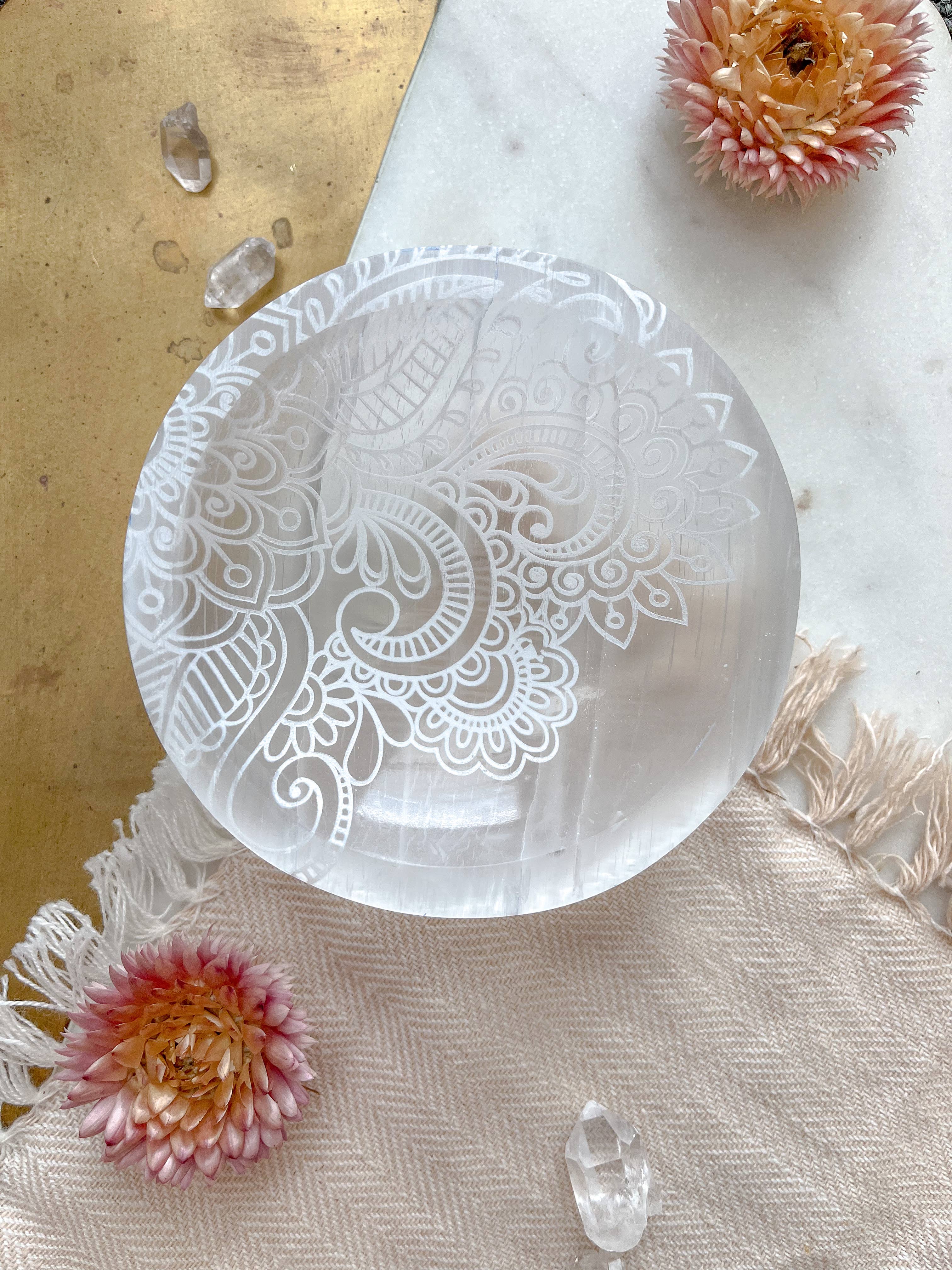 Fractalista Designs - Wholesale Meditation Supplies - Selenite Offering Bowl "Henna Prayer"