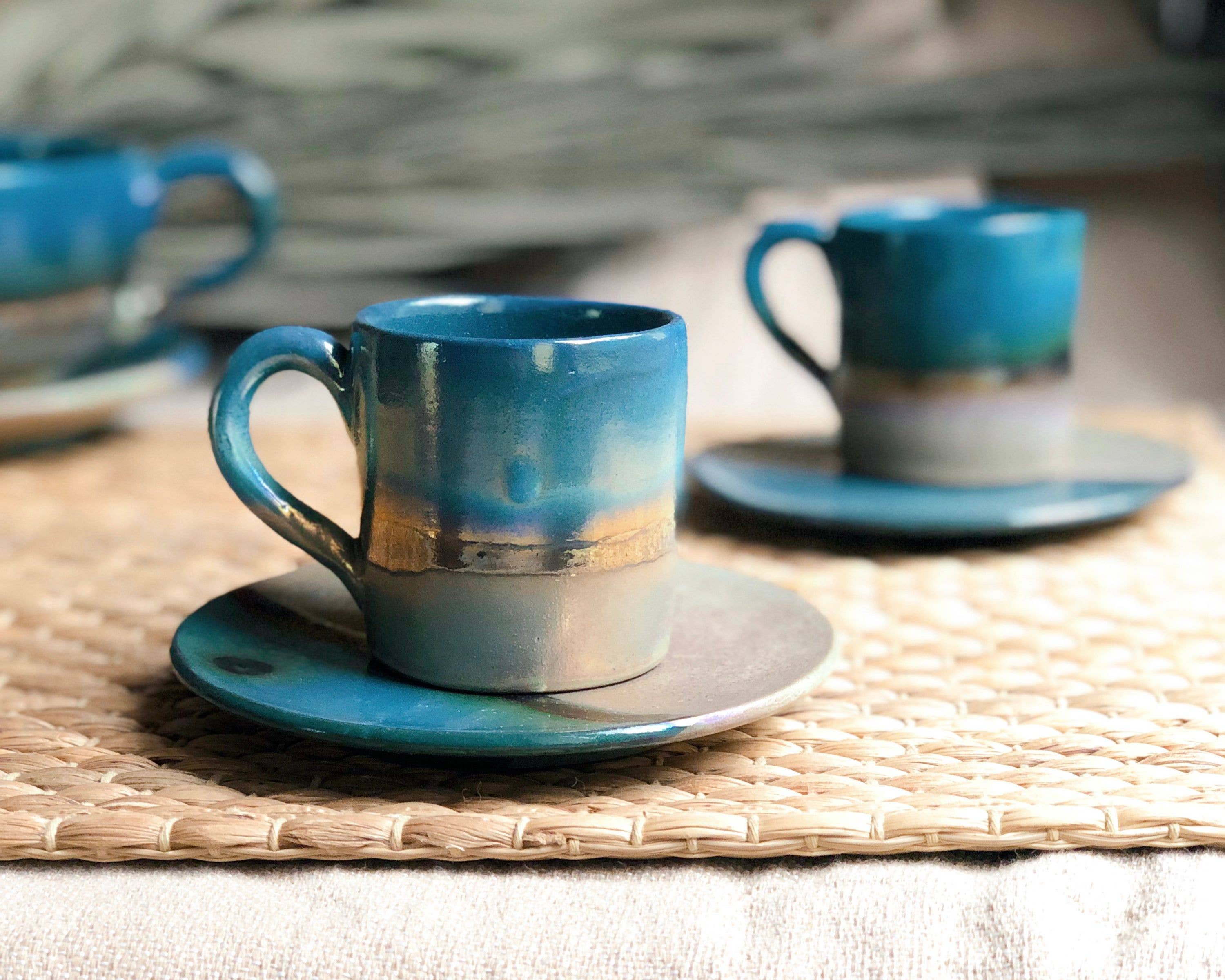 Los Artisans - Wholesale Coffee/Tea Cup - Green, Blue & Gold Coffee/Espresso Cup & Saucer Set2