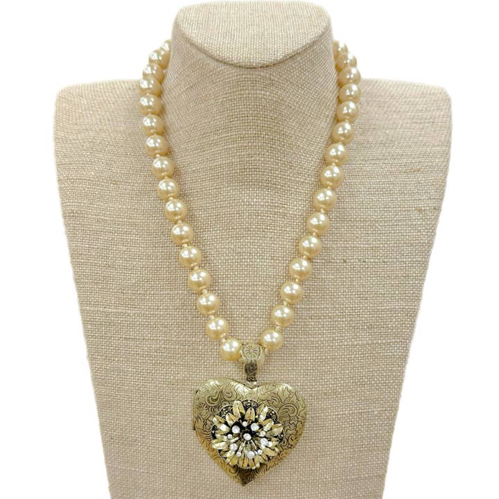 Antique Gold Heart Locket with Flower on Ivory Crystal Pearl for wholesale by Accessories To Go