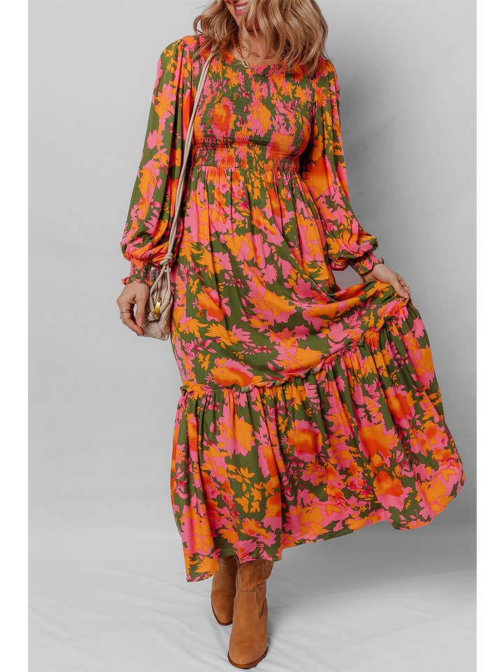 As shown Floral Smocked Bodice Puff Sleeve Ruffle Maxi Dress | S-XL for wholesale on Faire1