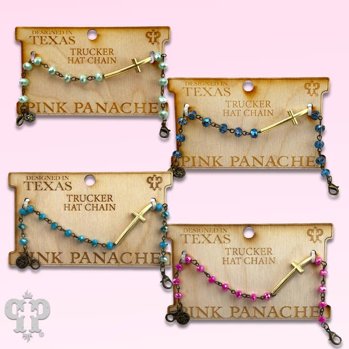 Gold cross beaded trucker hat chain for wholesale by Pink Panache Brands