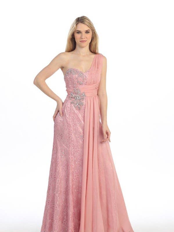 Lang kjole med ét skulderstrop i chiffon, blondestof og rhinsten C8510 for engroshandel hos Chicas