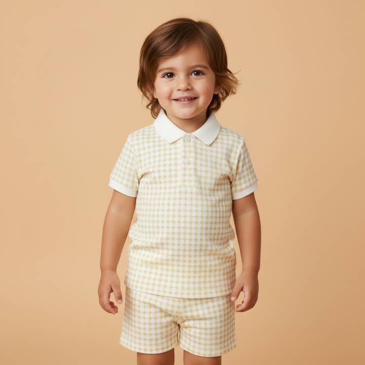 Makemake Organics - Wholesale Top & Short Set - Kids - Organic Collar Tee & Shorts Set - Dotty Gingham