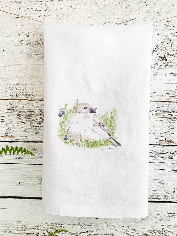 Torchon en lin français avec baies mangeuses d'oiseaux pour la vente par Studio on Tenth