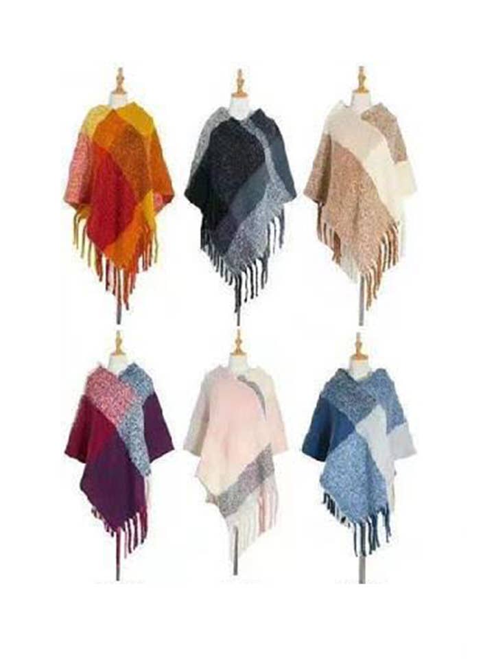 Artini Accessories – wholesale Poncho – Women's – Soft Knit Large Plaid Design Winter Poncho Set1