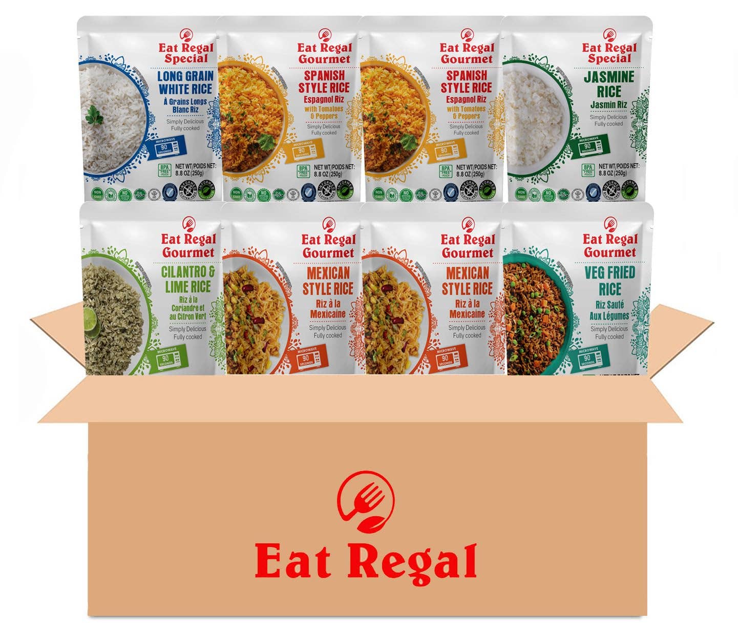 Regal Kitchen Foods - Wholesale Rice - Eat Regal Heat Eat Rice Variety 8.8 oz x 8 Pouches 6 Flavors0