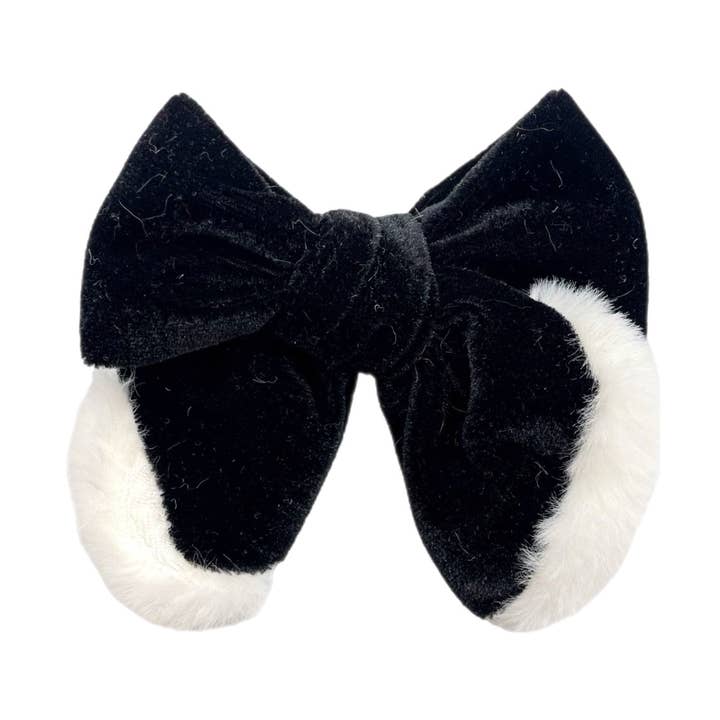 Black Winter Fur Trimmed Velvet Hair Bow - TIED RUTH for wholesale by Pretty in Pink Bows